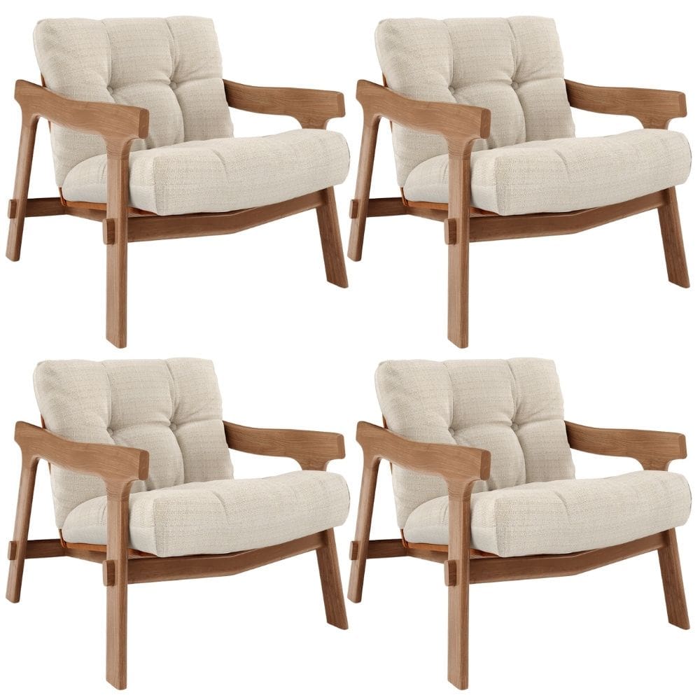 Kit 04 Poltronas Decorativa Fixa Para Sala Living Ikary L02 Canela Linho Palha - Lyam Decor