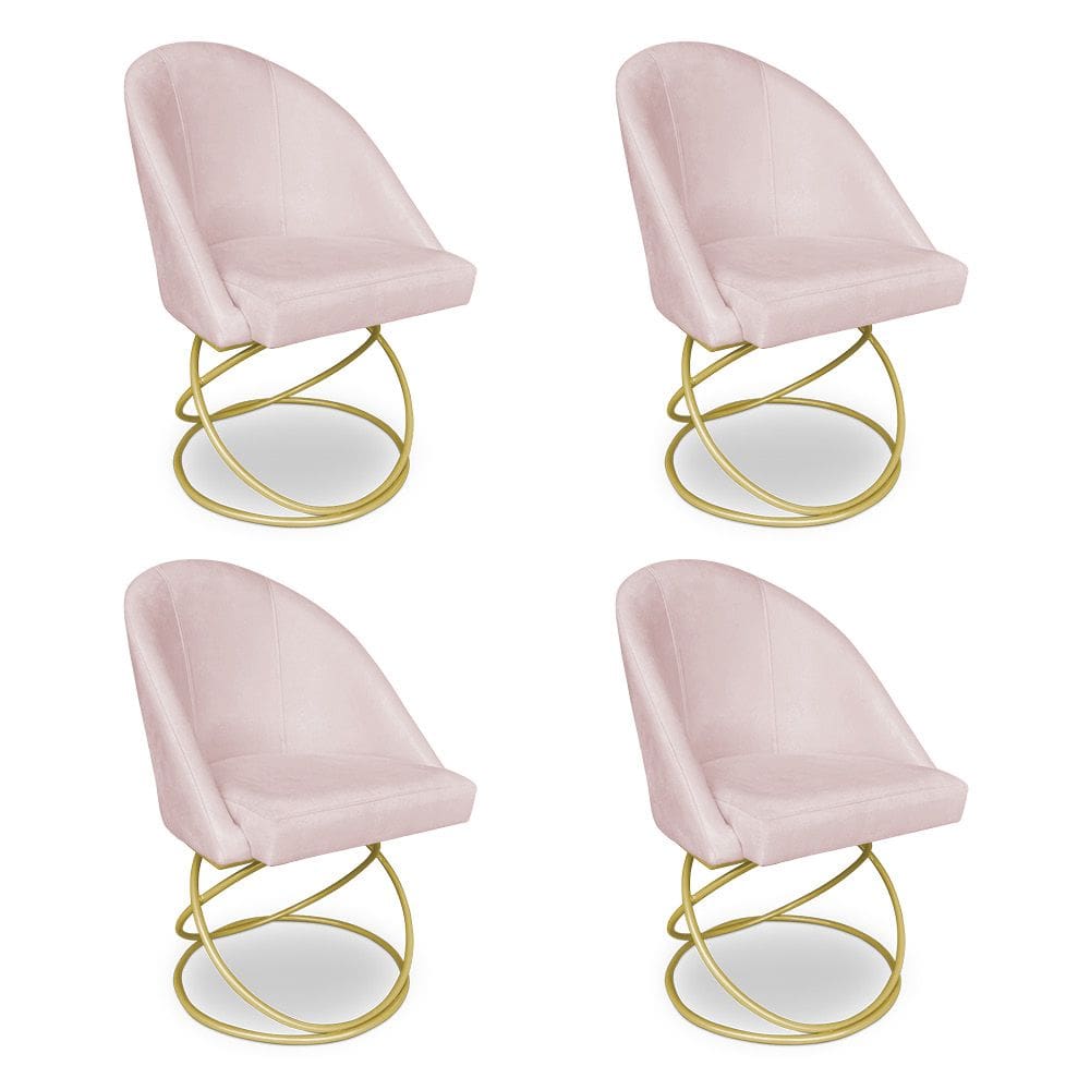 Kit 04 Cadeiras Poltrona de Jantar Bela Suede Rosa Bebê Base Metálica Luxo Dourado - Pallazio