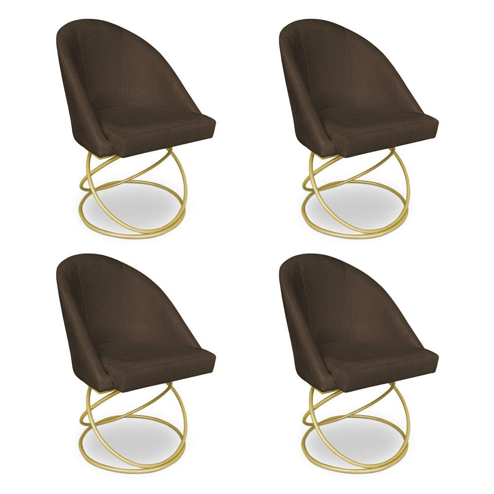 Kit 04 Cadeiras Poltrona de Jantar Bela Suede Marrom Base Metálica Luxo Dourado - Pallazio