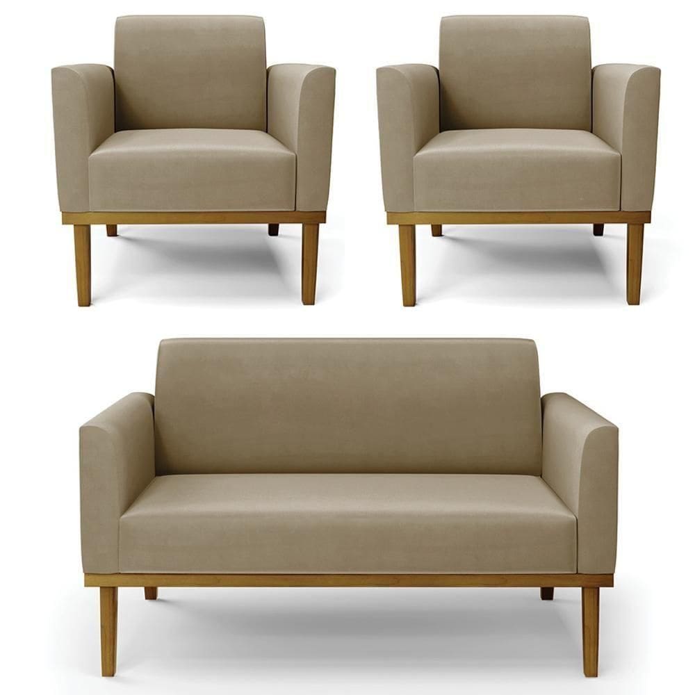Sofá Namoradeira E 2 Poltronas Base Madeira Castanho Maressa Suede Marrom Rt - Ibiza
