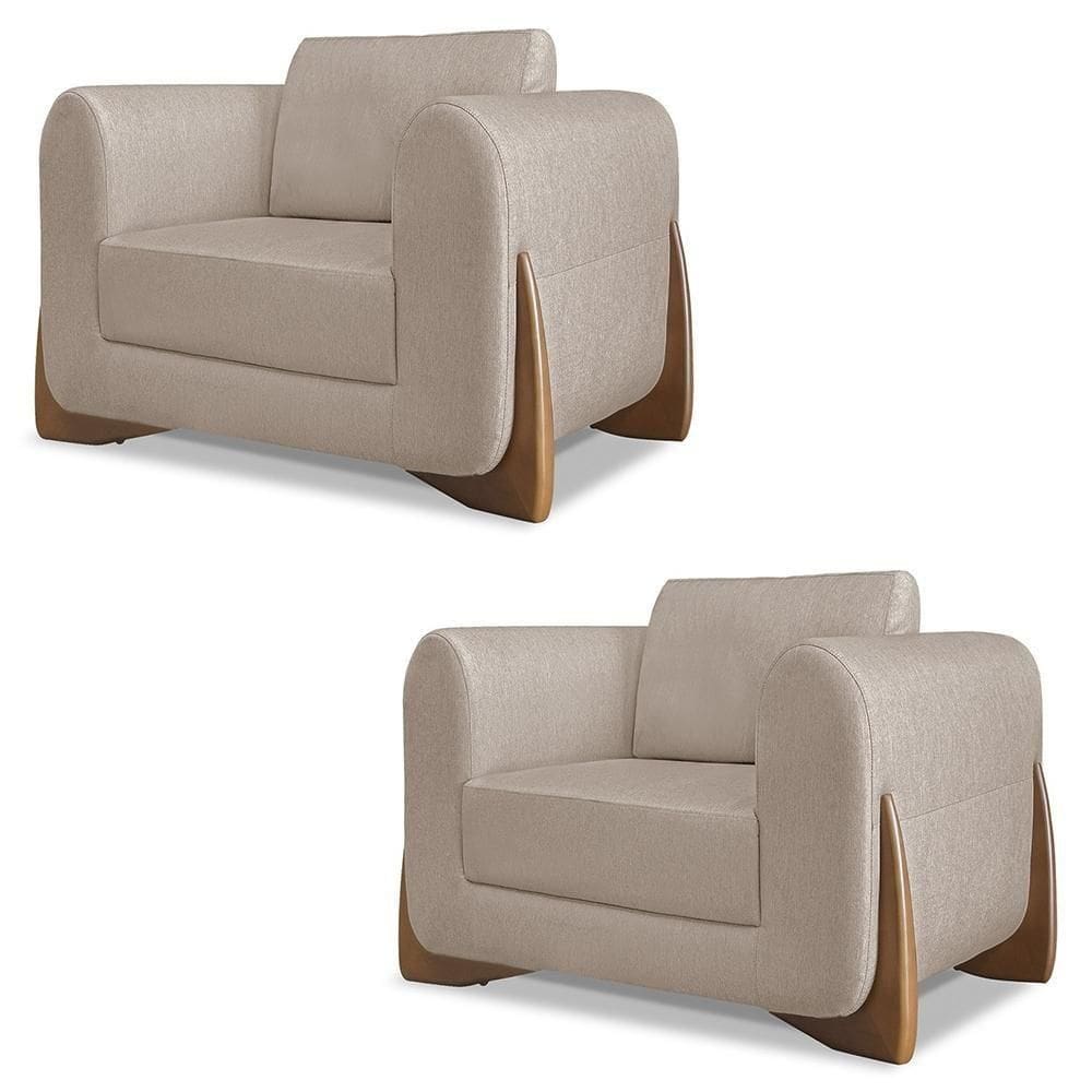 Poltrona Para Sala Base De Madeira Kit 2 Izzy S06 Linho Areia - Mpozenato