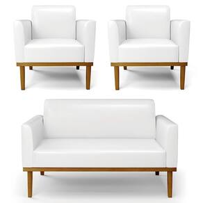 Sofá Namoradeira E 2 Poltronas Base Madeira Castanho Maressa Sintético Pu Branco - Ibiza
