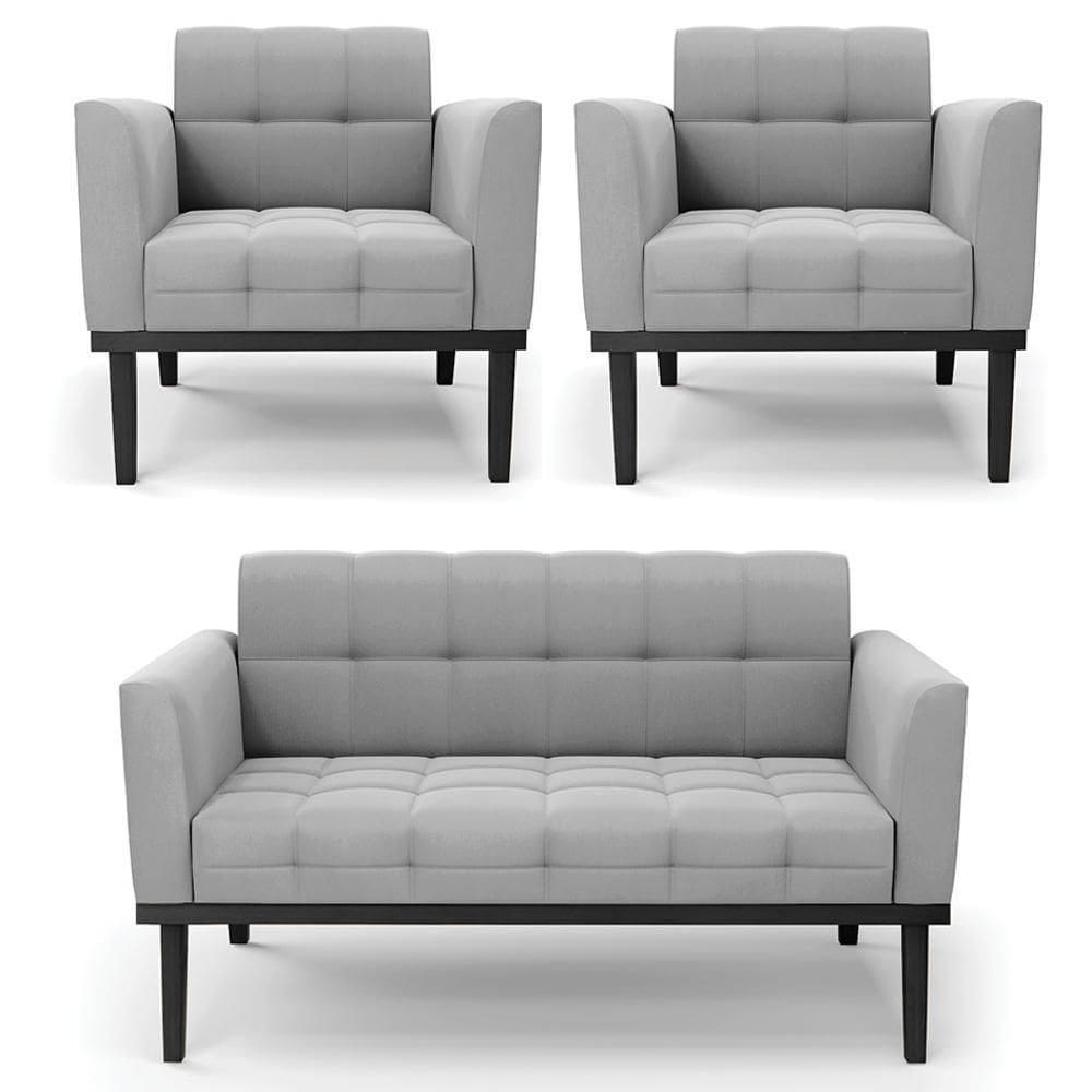 Sofá Namoradeira E 2 Poltronas Base Madeira Preto Ana Suede Cinza - Ibiza