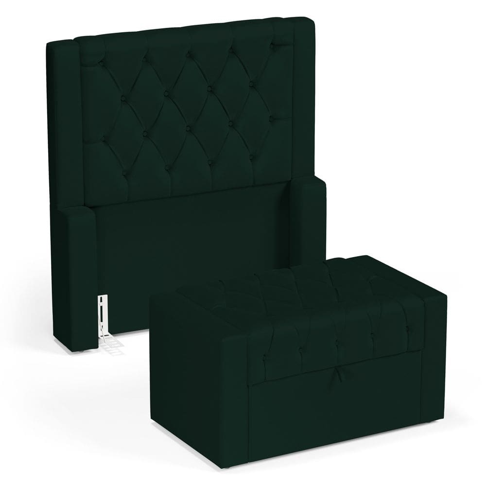 Cabeceira e Calçadeira Báu Solteiro Atena 90cm Capitonê Veludo Verde Escuro - Abmaza