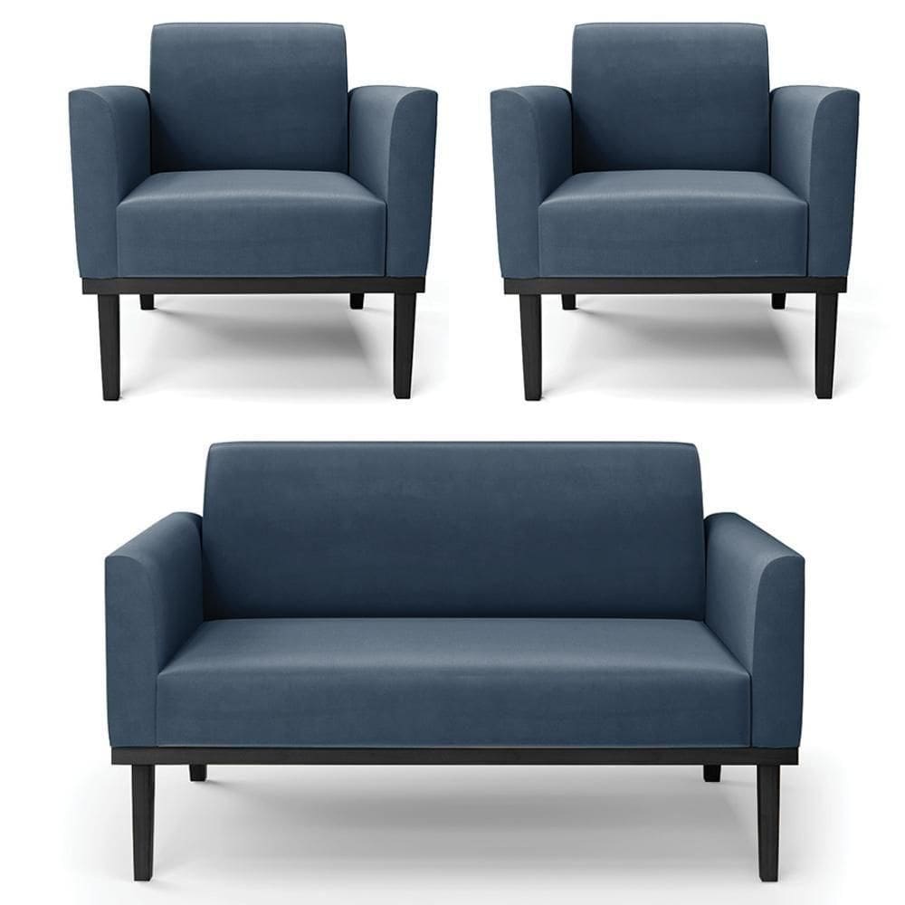 Sofá Namoradeira E 2 Poltronas Base Madeira Preto Maressa Suede Azul Marinho - Ibiza