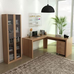 Conjunto Mesa em L com Estante Gaveteiro 3 Peças Amêndoa