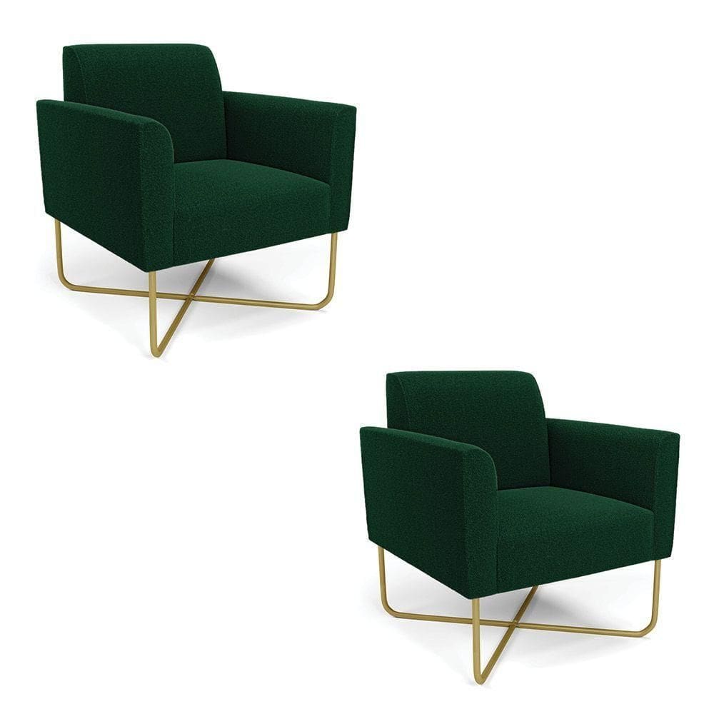 Poltrona Sala Base X Industrial Dourado Kit 2 Marisa Bouclê Verde D03 - D`rossi