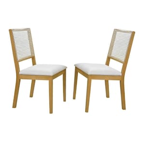 Conjunto 2 Cadeiras De Jantar Jade Com Rattan Couro Pérola Com Pés Em Madeira