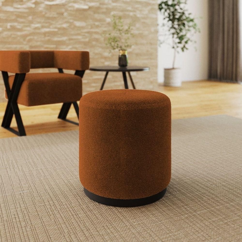 Puff Decorativo Redondo Estilo Industrial Orlando Bouclé Terracota