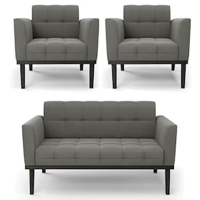Sofá Namoradeira E 2 Poltronas Base Madeira Preto Ana Suede Grafite - Ibiza