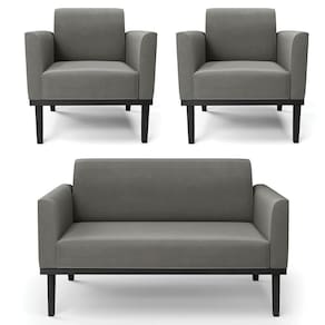 Sofá Namoradeira E 2 Poltronas Base Madeira Preto Maressa Suede Grafite - Ibiza