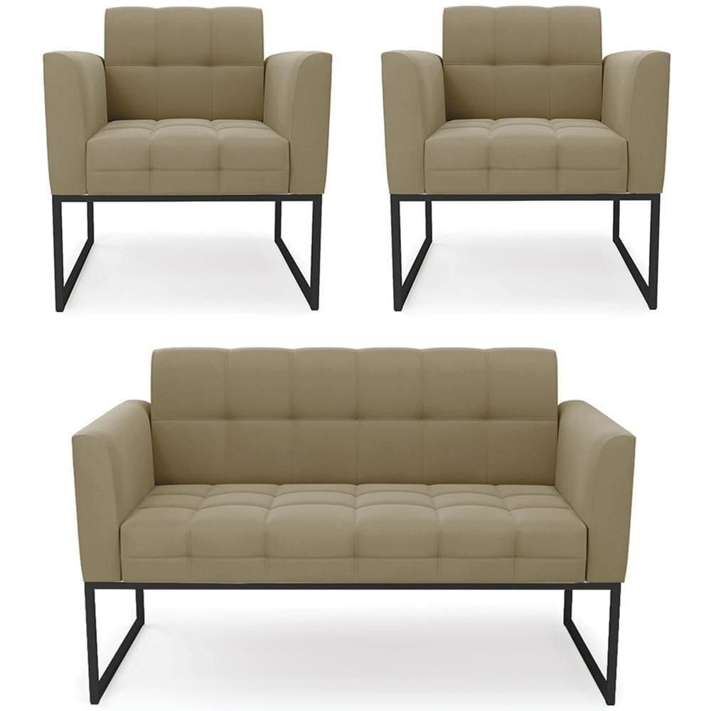 Sofá Namoradeira E 2 Poltronas Base Industrial Preto Ana Suede Marrom Rt - Ibiza