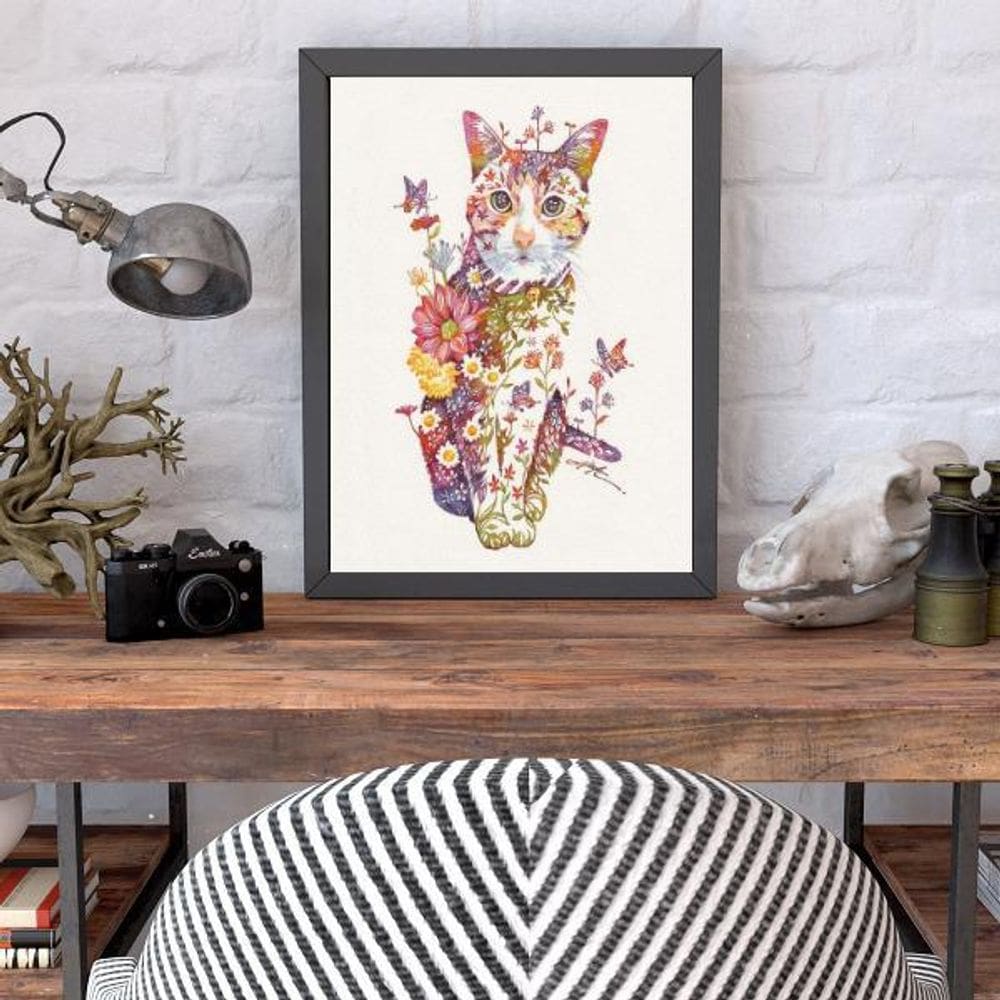 Quadro Decorativo Gatinho Floral 45X34Cm - Preta