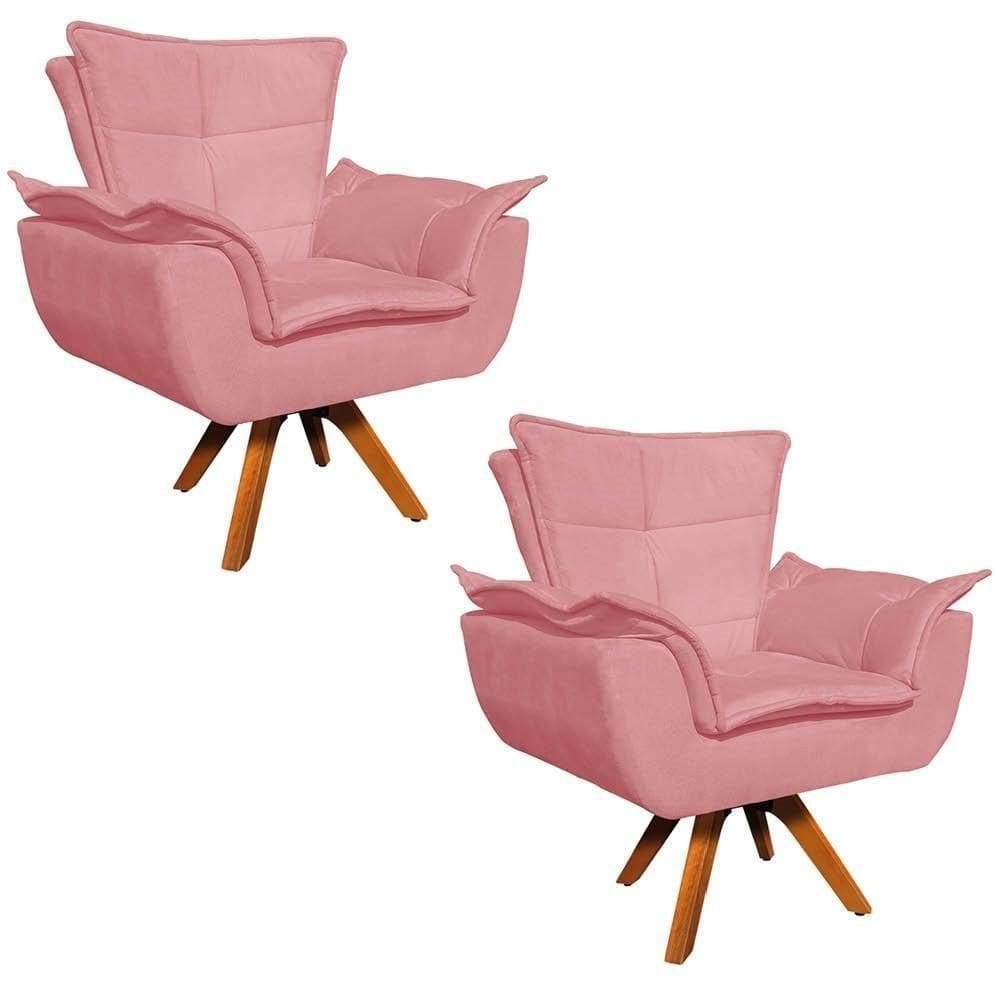 Kit 2 Poltronas Decorativas Sala De Estar Base Giratória Madeira Opla Suede Rose - Ibiza