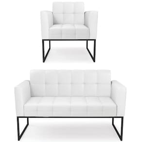 Sofá Namoradeira E 1 Poltrona Base Industrial Preto Ana Sintético Branco - Ibiza