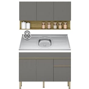 Armário De Cozinha E Balcão Com Pia 150cm Lina K02 Gris/freijó - Mpozenato