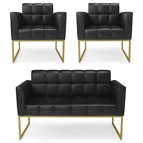 Sofá Namoradeira E 2 Poltronas Base Industrial Dourado Ana Sintético Pu Preto - Ibiza