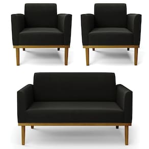 Sofá Namoradeira E 2 Poltronas Base Madeira Castanho Maressa Suede Preto - Ibiza