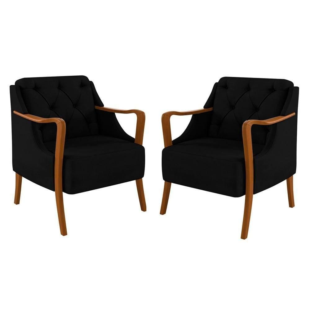 Kit 2 Poltronas Decorativas Para Sala De Estar Capitonê Lapa M22 Veludo Preto - Mpozenato