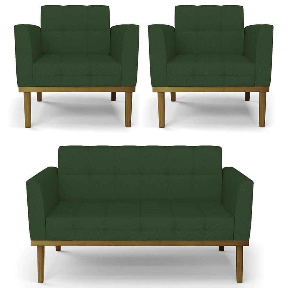 Sofá Namoradeira E 2 Poltronas Base Madeira Castanho Ana Veludo Luxo Verde - Ibiza
