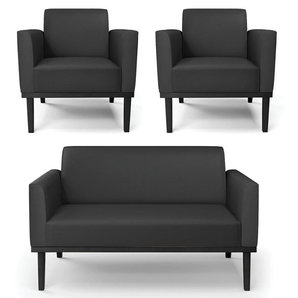 Sofá Namoradeira E 2 Poltronas Base Madeira Preto Maressa Sintético Preto - Ibiza