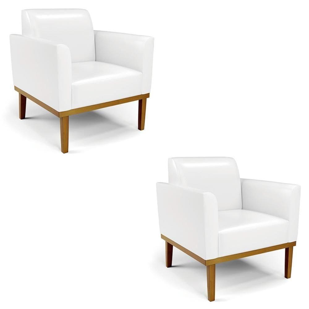Poltrona Base Madeira Castanho Kit 2 Maressa Sintético Pu Branco - Ibiza