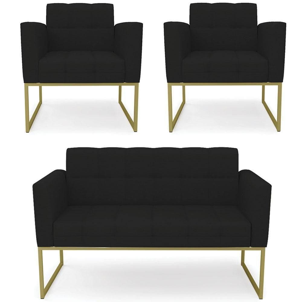 Sofá Namoradeira E 2 Poltronas Base Industrial Dourado Ana Linho Preto - Ibiza