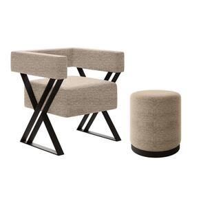 Kit Poltrona E Puff Decorativo Kira Estilo Industrial Linho Bege