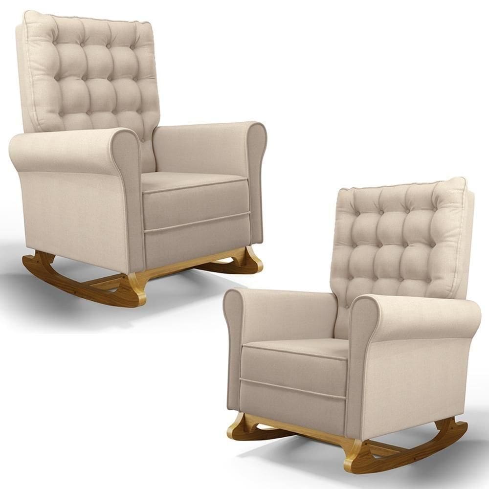 Kit 02 Poltronas De Amamentação E Descanso Base Madeira Balanço Brenda G05 Linho Creme - Mpozenato