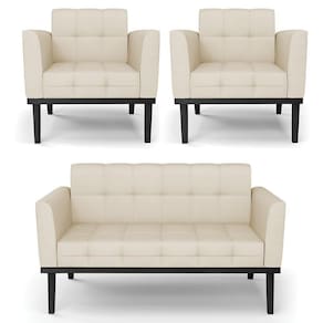 Sofá Namoradeira E 2 Poltronas Base Madeira Preto Ana Veludo Luxo Off White - Ibiza
