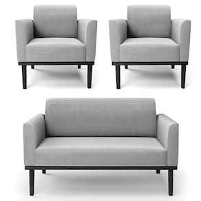 Sofá Namoradeira E 2 Poltronas Base Madeira Preto Maressa Suede Cinza - Ibiza