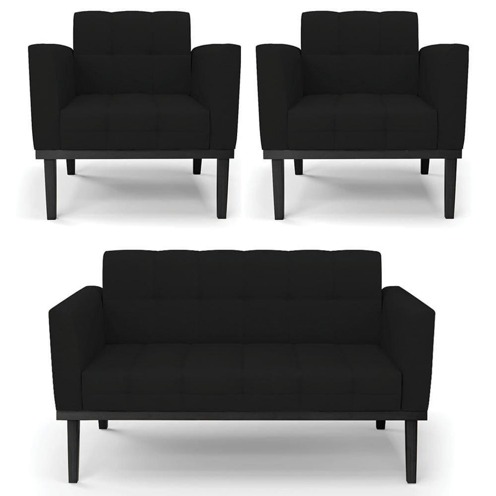 Sofá Namoradeira E 2 Poltronas Base Madeira Preto Ana Linho Preto - Ibiza