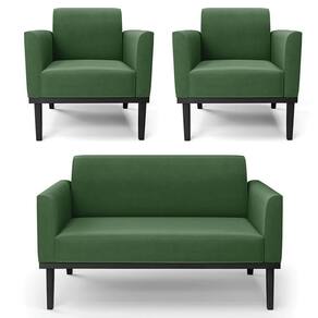 Sofá Namoradeira E 2 Poltronas Base Madeira Preto Maressa Suede Verde - Ibiza