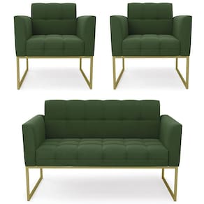 Sofá Namoradeira E 2 Poltronas Base Industrial Dourado Ana Suede Verde - Ibiza