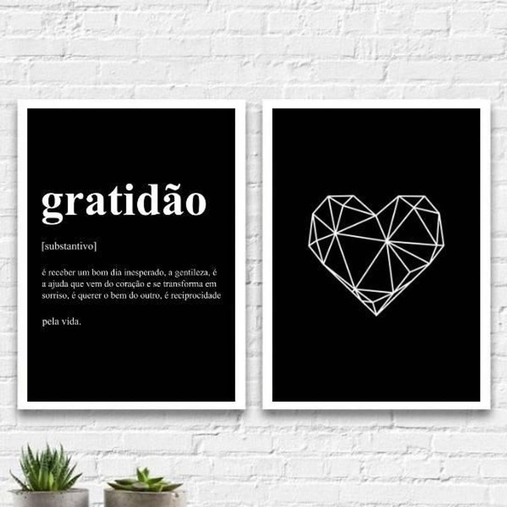 Kit 2 Quadros Gratidão Coração Preto 33X24Cm - Branca