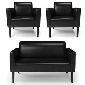 Sofá Namoradeira E 2 Poltronas Base Madeira Preto Maressa Sintético Pu Preto - Ibiza