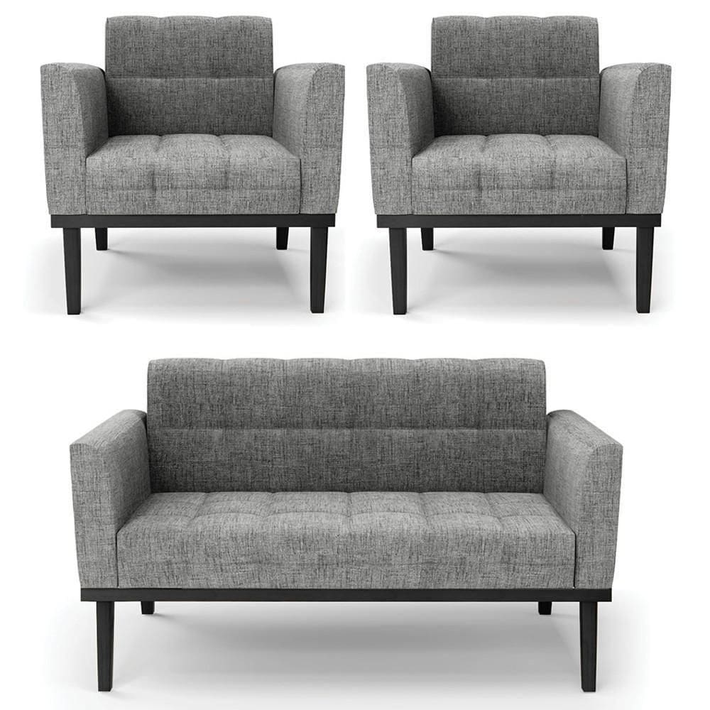 Sofá Namoradeira E 2 Poltronas Base Madeira Preto Ana Linho Grafite - Ibiza