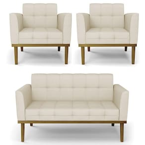 Sofá Namoradeira E 2 Poltronas Base Madeira Castanho Ana Veludo Luxo Off White - Ibiza