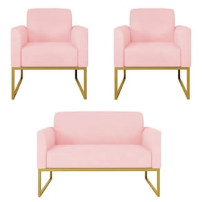 Kit Namoradeira E 2 Poltronas Decorativas Base Industrial Dourada Maressa S19 Suede Rosa Bebê - Ibiza