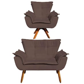 Kit Namoradeira 2 Lugares E 1 Poltrona Decorativa Giratória Madeira Opla Suede Marrom - Ibiza