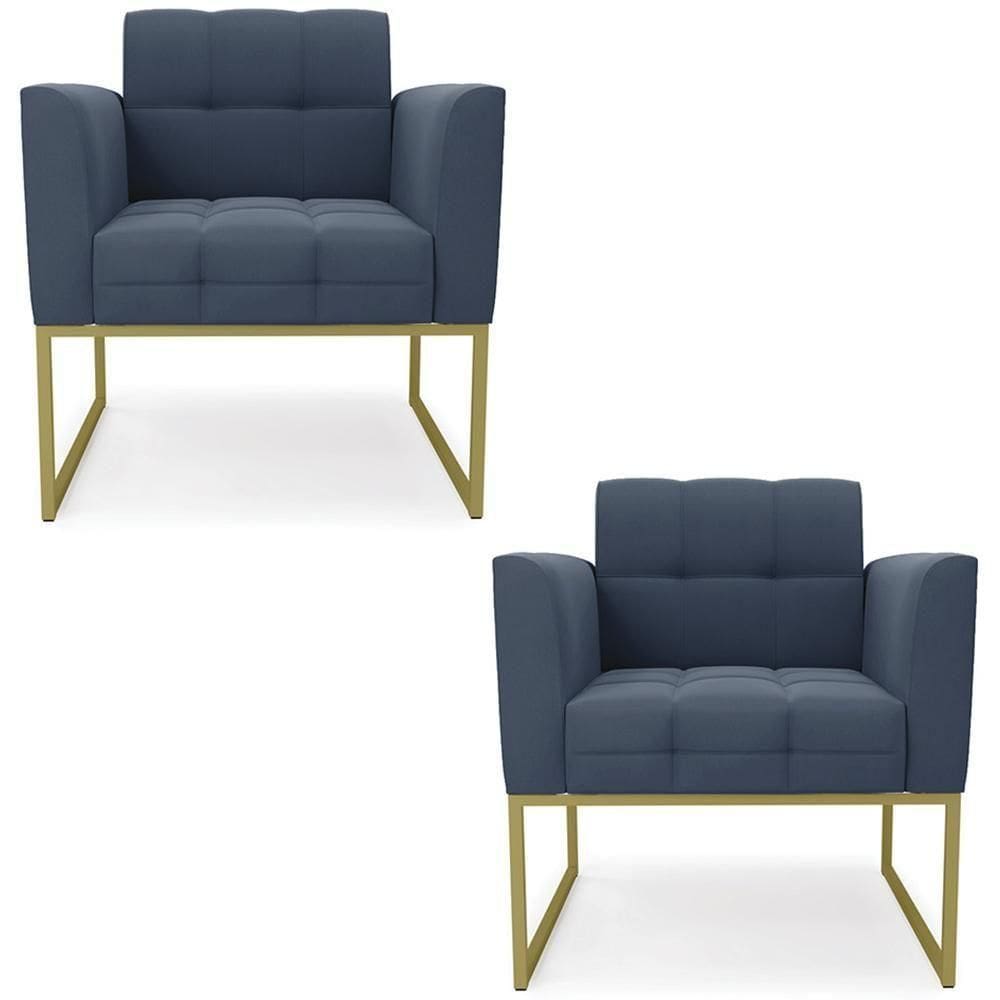 Poltrona Base Industrial Dourado Kit 2 Ana Suede Azul Marinho - Ibiza