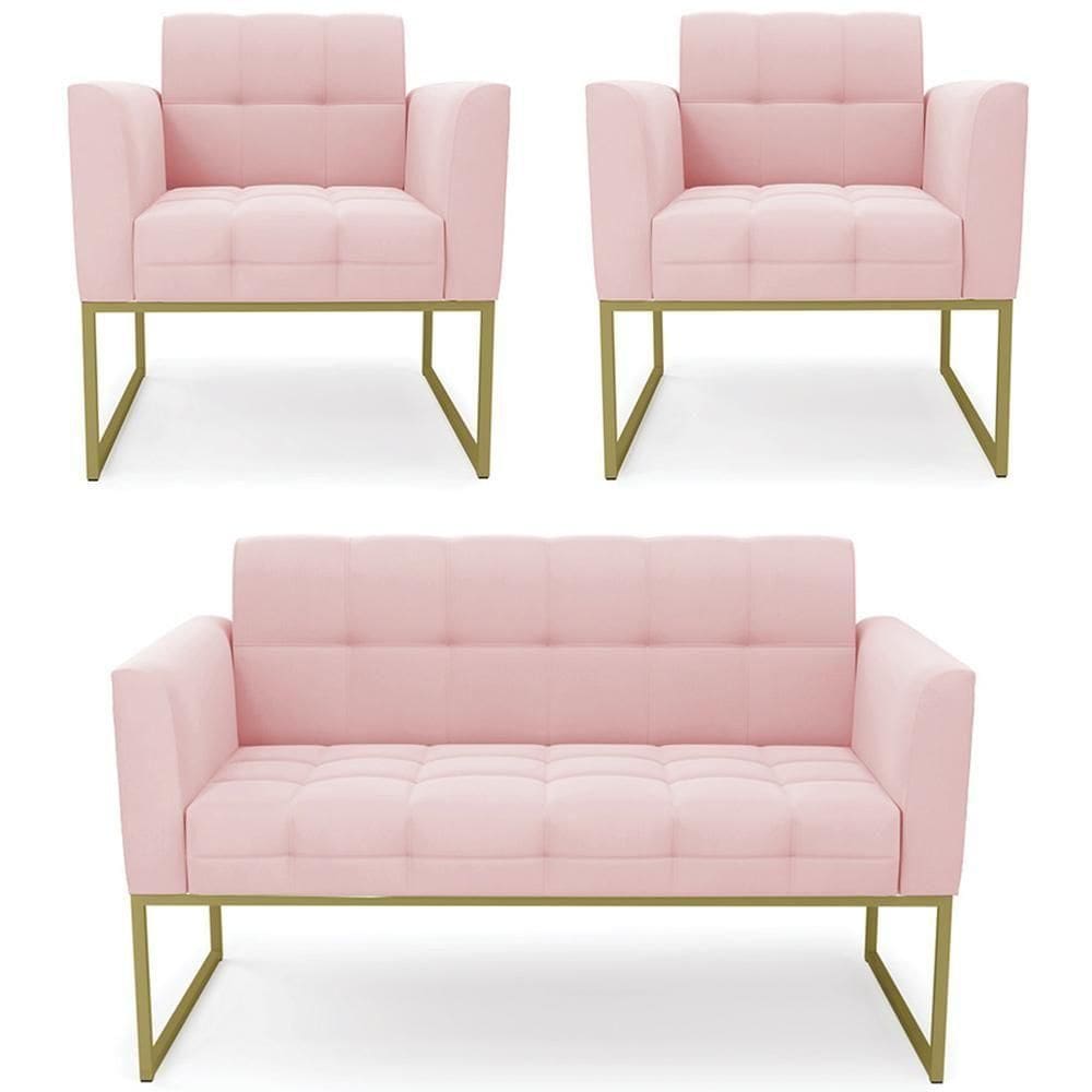 Sofá Namoradeira E 2 Poltronas Base Industrial Dourado Ana Suede Rosa Bebê - Ibiza