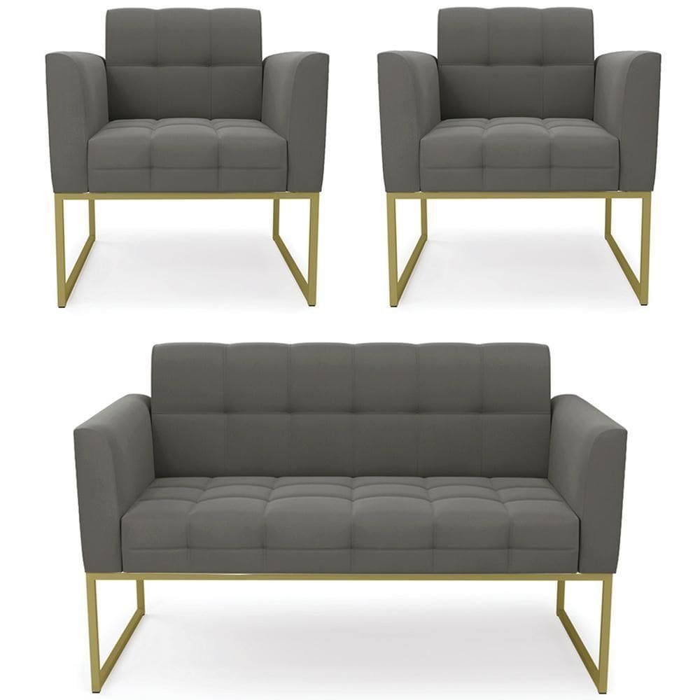 Sofá Namoradeira E 2 Poltronas Base Industrial Dourado Ana Suede Grafite - Ibiza