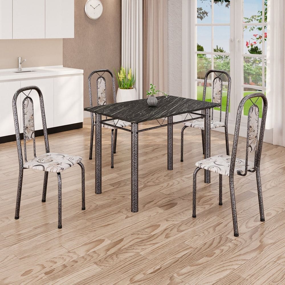 Conjunto de Mesa Tampo Ardósia Indiano com 4 Cadeiras Lívia Arabesco / Prata