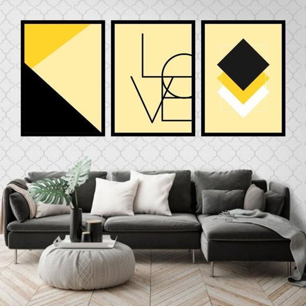 Kit 3 Quadros Love Geométrico Amarelo 60X40Cm Moldura Preta