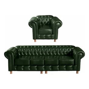 Conjunto Sofá 4 Lugares E Poltrona Chesterfield Luís Xv Vintage Retrô Capitonê Couro Verde