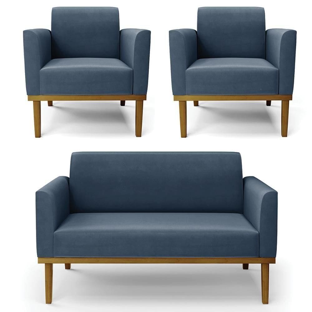 Sofá Namoradeira E 2 Poltronas Base Madeira Castanho Maressa Suede Azul Marinho - Ibiza
