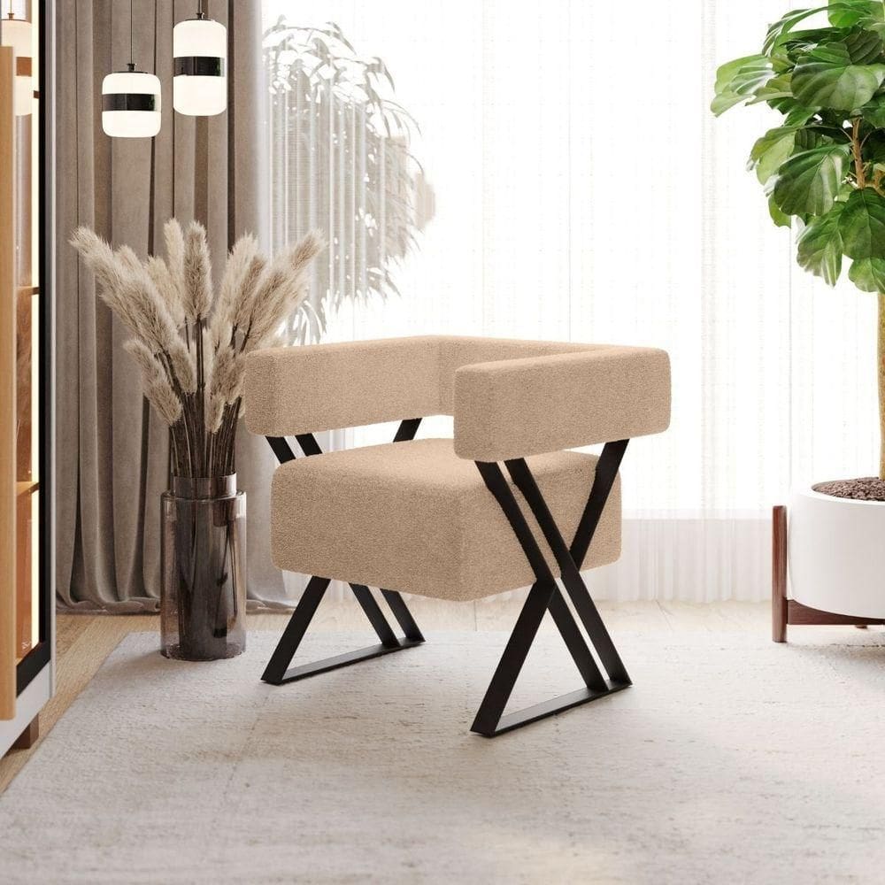 Poltrona Decorativa Linha Alta Frida Estilo Industrial Bouclé Bege