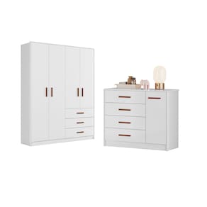 Roupeiro 4 Portas e Cômoda 4 Gavetas Kit Quarto Pérola - Peternella Móveis