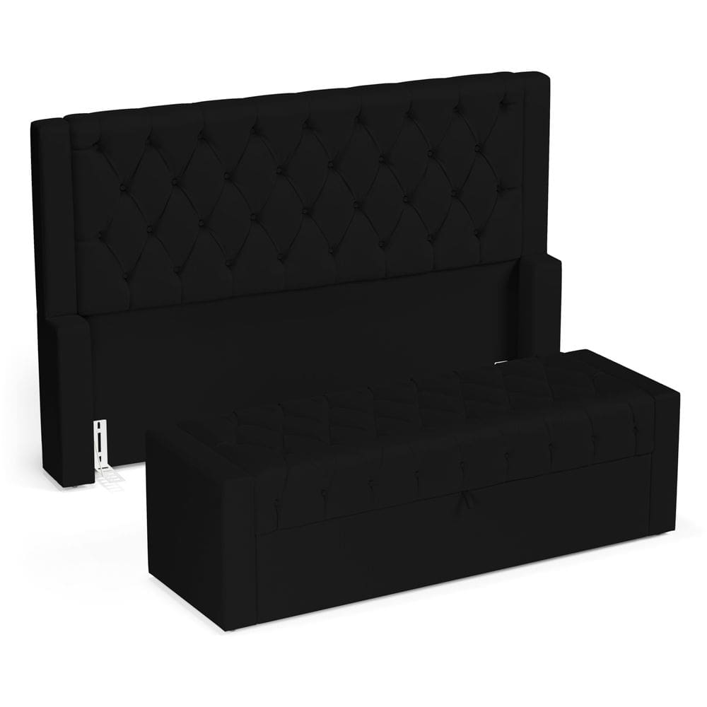 Cabeceira e Calçadeira Báu King Size Atena 195cm Capitonê Sintético Preto - Abmaza